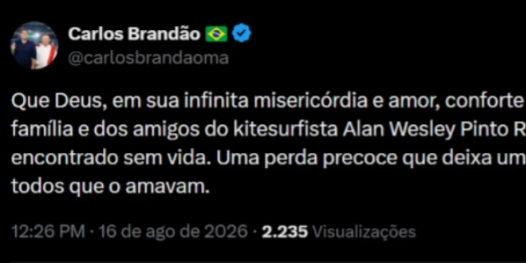 Brandão lamenta morte de kitesurfista encontrado na Praia do Bonfim